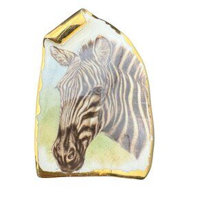 Handmade Zebra Print Ceramic Brooch Gold-Trimmed Pin Art By Cathy Meier‎